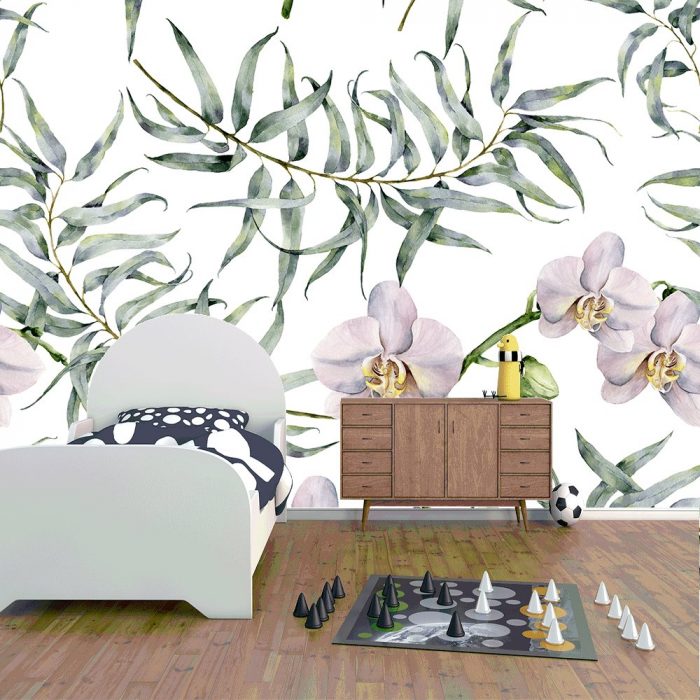 Liście eukaliptusa i orchidea fototapeta do pokoju dziecięcego 1