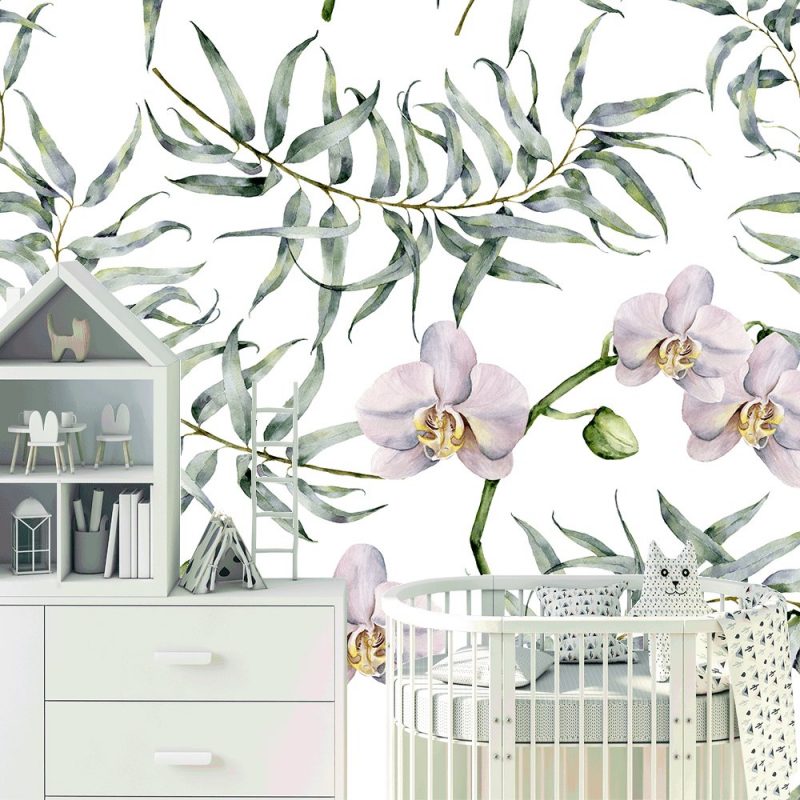 Liście eukaliptusa i orchidea fototapeta do pokoju dziecięcego 3