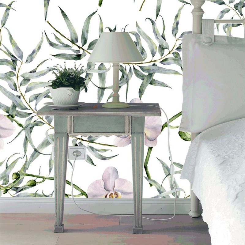 Liście eukaliptusa i orchidea fototapeta do sypialni 3