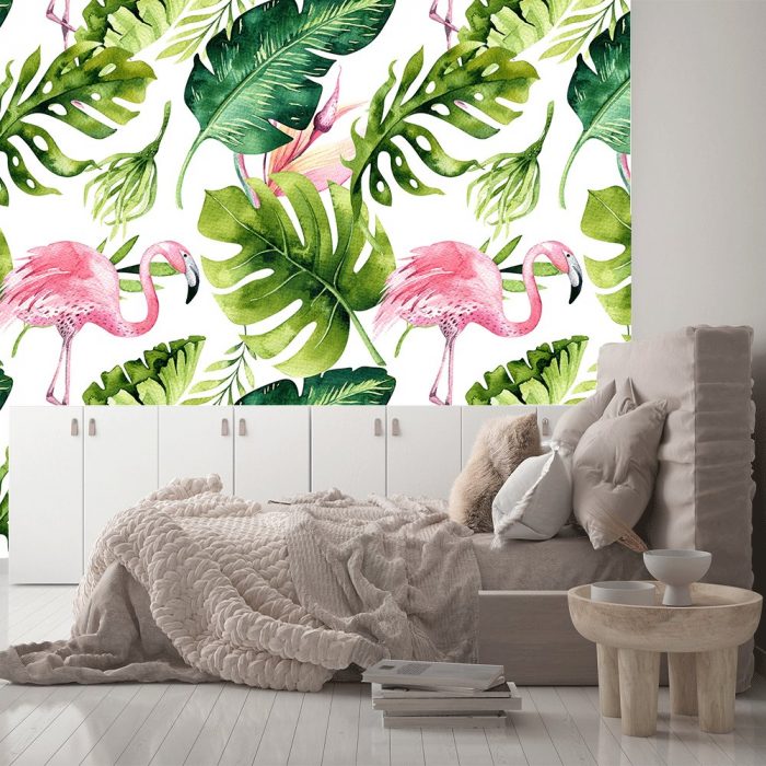 tropikalne liście z różowym flamingiem fototapeta do sypialni 4